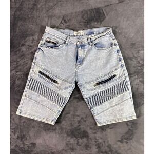 Vintage Jeanius Men's Acid Wash Moto Denim Shorts Zip Pockets Size 34